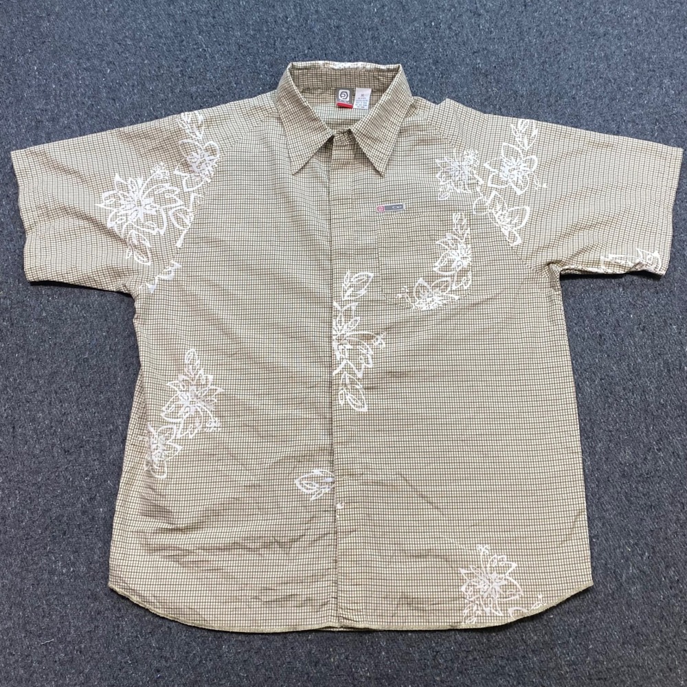 OP Ocean Pacific Shirt Sz XL Mens Tan Plaid Floral Skater Y2K Hibiscus Button Up